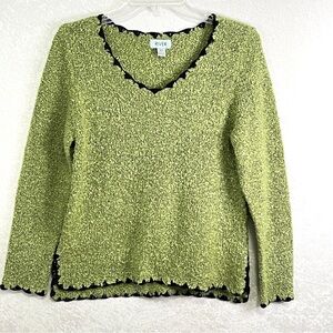 RIVER Boucle Knit Sweater Womens XS Green Black‎ Trim